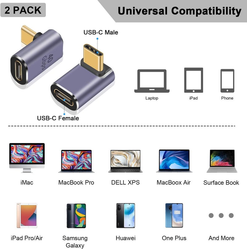 Poyiccot محول USB C بزاوية 90 درجة 40Gbps، محول USB C موسع بزاوية لأعلى ولأسفل 90 درجة، موصل Thunderbolt 4 من نوع C إلى نوع C لدعم 8k@60Hz و100W لجهاز iPad وGalaxy وPC وHUB، عبوة من 2 - Image 4